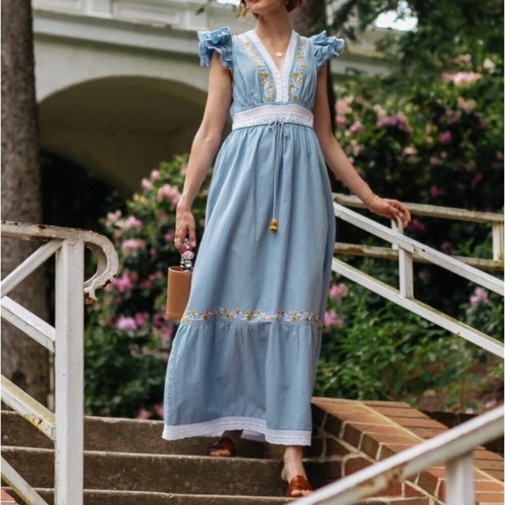 Saylor YUMI Blue Ruffle Sleeve Embroidered Linen Maxi Dress Size XL